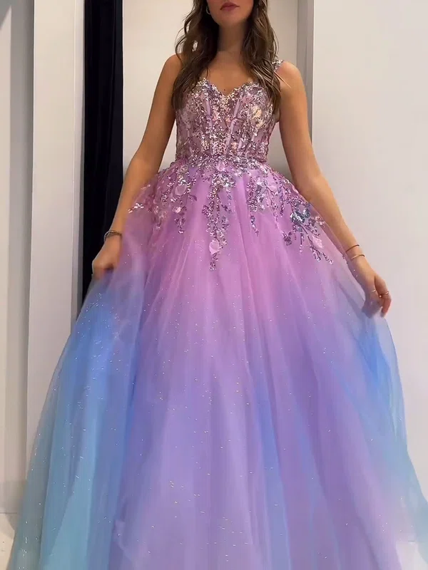 Ball Gown/Princess Sweetheart Tulle Glitter Floor-length Prom Dresses With Appliques Lace #UKM020121145