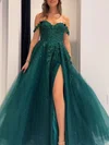 Ball Gown/Princess Off-the-shoulder Tulle Glitter Floor-length Prom Dresses With Appliques Lace #UKM020121146
