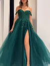 Ball Gown/Princess Off-the-shoulder Tulle Glitter Floor-length Prom Dresses With Appliques Lace #UKM020121146