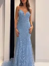 Trumpet/Mermaid V-neck Tulle Sweep Train Prom Dresses With Appliques Lace #UKM020121147