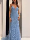 Trumpet/Mermaid V-neck Tulle Sweep Train Prom Dresses With Appliques Lace #UKM020121147