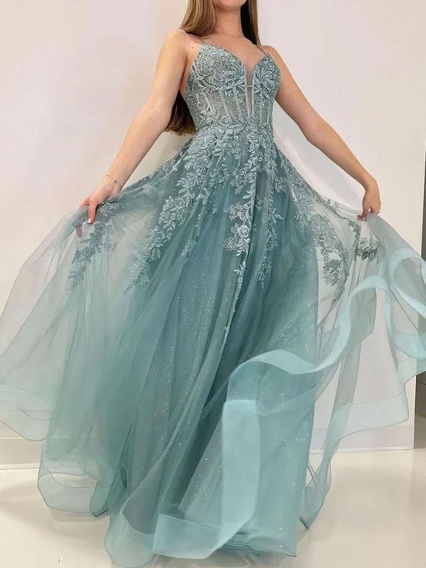 Ball Gown V-neck Tulle Corset Prom Dresses With Appliques #UKM020121158