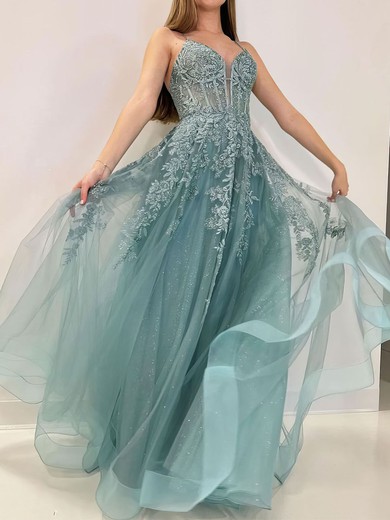 Ball Gown V-neck Tulle Corset Prom Dresses With Appliques #UKM020121158