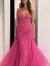 Trumpet/Mermaid V-neck Tulle Watteau Train Prom Dresses With Appliques Lace #UKM020121159