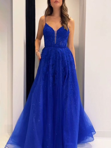 Ball Gown/Princess V-neck Tulle Glitter Floor-length Prom Dresses With Appliques Lace #UKM020121160