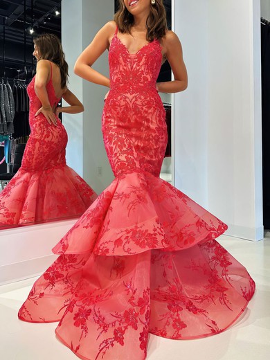 Trumpet/Mermaid V-neck Organza Sweep Train Prom Dresses With Appliques Lace #UKM020121168