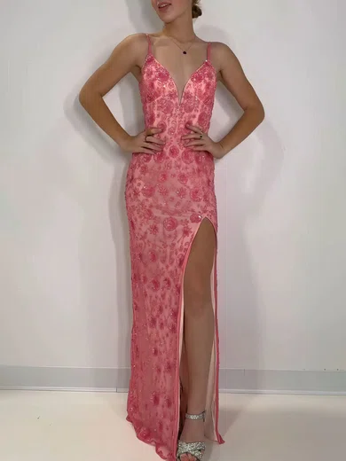 Sheath/Column V-neck Sequined Floor-length Prom Dresses With Split Front #UKM020121171