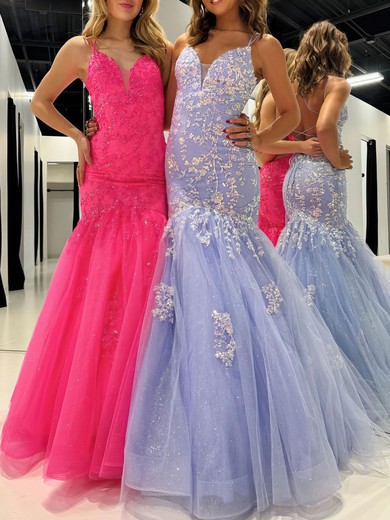 Trumpet/Mermaid V-neck Glitter Sweep Train Prom Dresses With Appliques Lace #UKM020121177