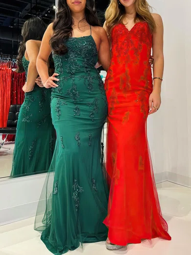 Mermaid Square Neck Tulle Prom Dresses With Appliques #UKM020121178