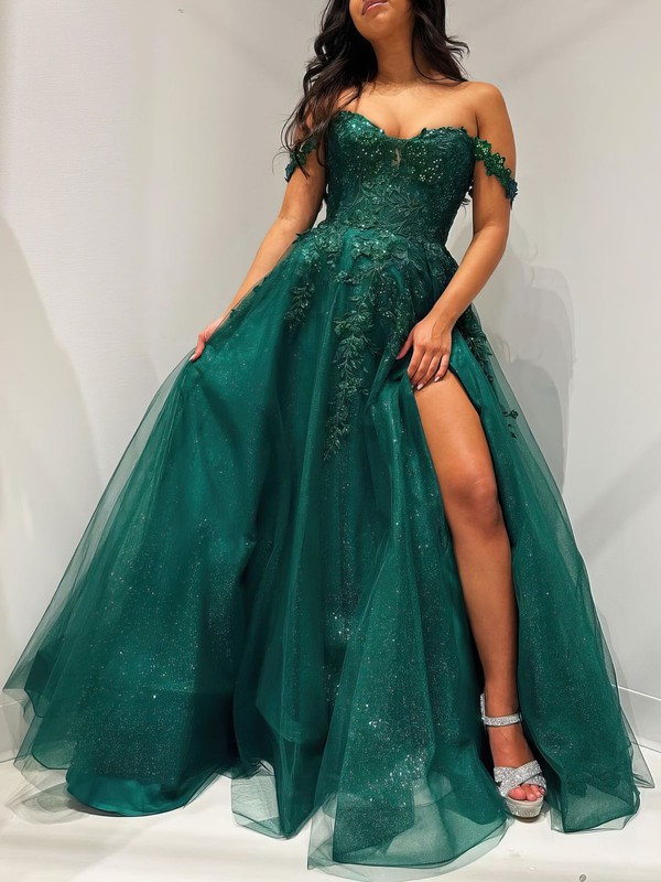 Ball Gown/Princess Off-the-shoulder Tulle Glitter Floor-length Prom ...