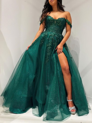 Ball Gown/Princess Off-the-shoulder Tulle Glitter Floor-length Prom Dresses With Appliques Lace #UKM020121181