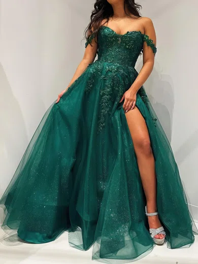 Ball Gown Off-the-shoulder Tulle Prom Dresses With Appliques #UKM020121181