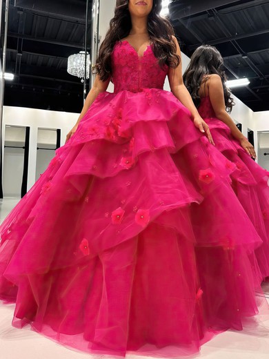 Ball Gown/Princess V-neck Organza Sweep Train Prom Dresses With Tiered #UKM020121182