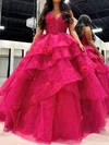 Ball Gown V-neck Tulle Tiered Prom Dresses With Appliques #UKM020121182