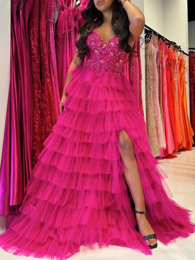 Ball Gown/Princess V-neck Tulle Sweep Train Prom Dresses With Appliques Lace #UKM020121183