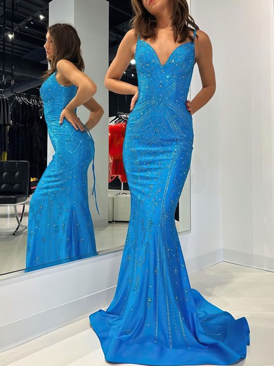 Trumpet/Mermaid V-neck Jersey Sweep Train Prom Dresses With Crystal Detailing #UKM020121185