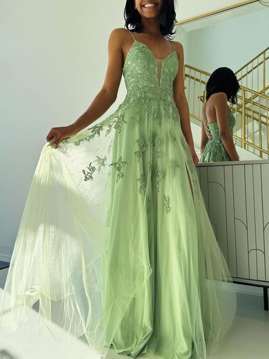 Ball Gown/Princess V-neck Tulle Floor-length Prom Dresses With Appliques Lace #UKM020121187