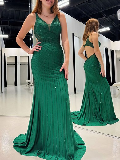 Trumpet/Mermaid V-neck Jersey Sweep Train Prom Dresses With Crystal Detailing #UKM020121189