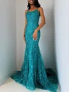 Trumpet/Mermaid Scoop Neck Tulle Sweep Train Prom Dresses With Appliques Lace #UKM020121192