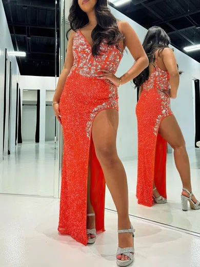 Sheath/Column V-neck Velvet Sequins Floor-length Prom Dresses With Split Front #UKM020121193