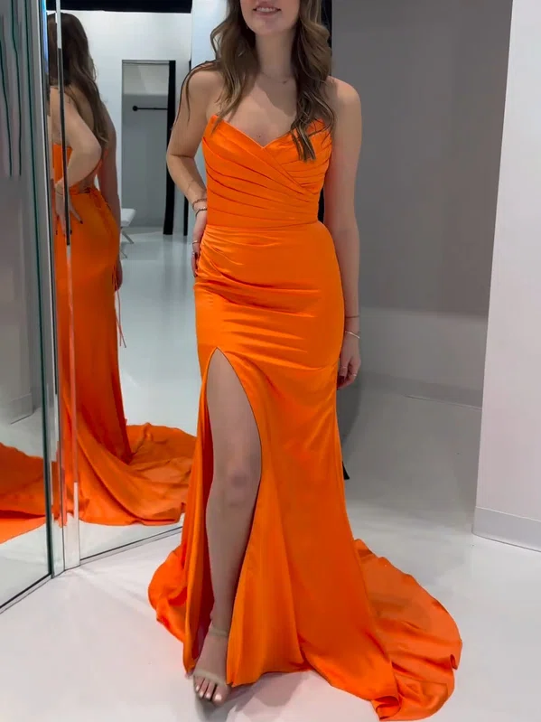 Trumpet/Mermaid V-neck Silk-like Satin Sweep Train Prom Dresses With Ruched #UKM020121207