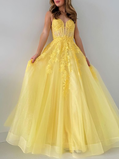 Ball Gown/Princess V-neck Tulle Glitter Sweep Train Prom Dresses With Appliques Lace #UKM020121210