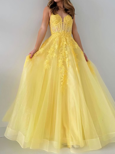 Ball Gown V-neck Tulle Corset Prom Dresses With Appliques #UKM020121210