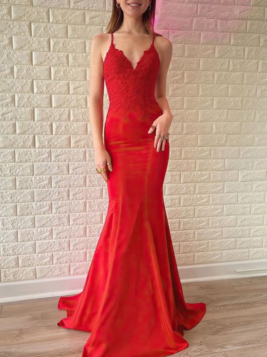Trumpet/Mermaid V-neck Stretch Crepe Sweep Train Prom Dresses With Appliques Lace #UKM020121211