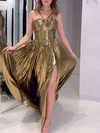 A-line Halter Metallic Sweep Train Prom Dresses With Ruched #UKM020121222