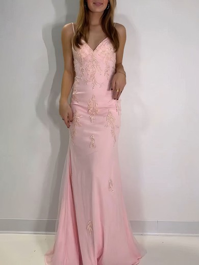 Trumpet/Mermaid V-neck Tulle Sweep Train Prom Dresses With Appliques Lace #UKM020121225