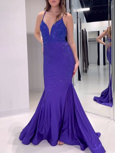 Trumpet/Mermaid V-neck Jersey Sweep Train Prom Dresses With Crystal Detailing #UKM020121233