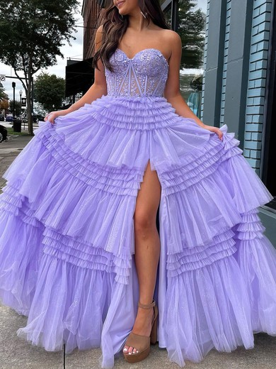 Ball Gown Strapless Tulle Ruffle Tiered Prom Dresses With Appliques #UKM020120344