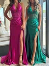 Trumpet/Mermaid Halter Silk-like Satin Sweep Train Prom Dresses With Ruched #UKM020120350