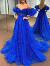 Ball Gown/Princess Off-the-shoulder Chiffon Sweep Train Prom Dresses With Sashes / Ribbons #UKM020120391