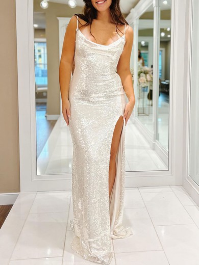 Sheath/Column Cowl Neck Sequined Sweep Train Prom Dresses With Split Front #UKM020120517
