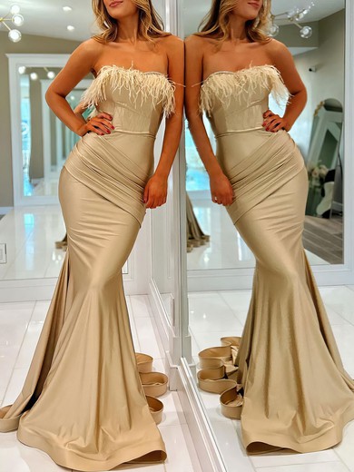 Trumpet/Mermaid Straight Jersey Sweep Train Prom Dresses With Feathers / Fur #UKM020120519