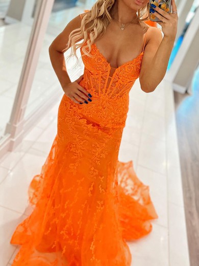 Trumpet/Mermaid V-neck Lace Sweep Train Prom Dresses With Appliques Lace #UKM020120521