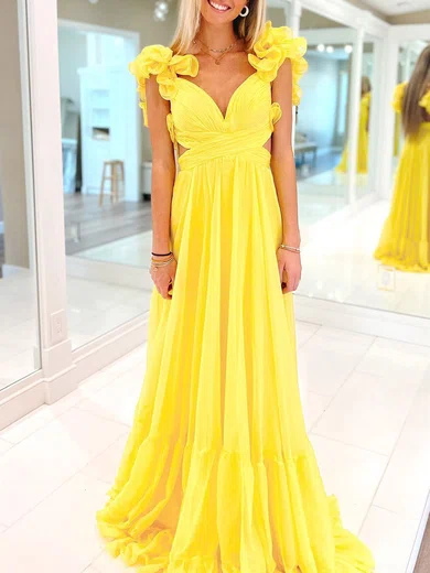 A-line V-neck Chiffon Prom Dresses With Ruched #UKM020120525