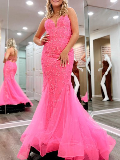 Trumpet/Mermaid V-neck Tulle Sweep Train Prom Dresses With Appliques Lace #UKM020120531