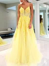 Ball Gown V-neck Tulle Prom Dresses With Appliques #UKM020120532