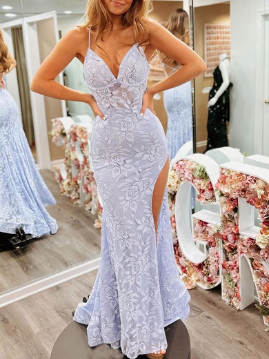 Trumpet/Mermaid V-neck Lace Sweep Train Prom Dresses With Split Side #UKM020120535