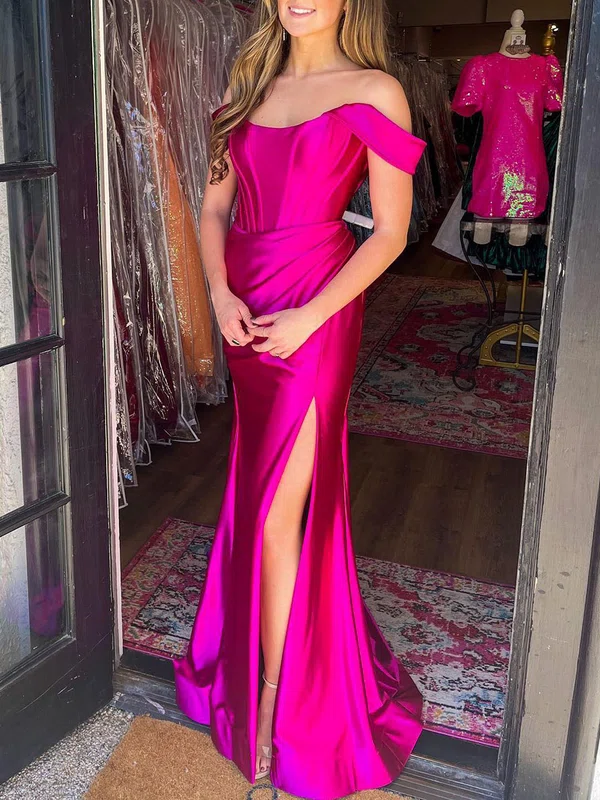 Trumpet/Mermaid Off-the-shoulder Silk-like Satin Sweep Train Prom Dresses With Ruched #UKM020120583