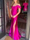 Trumpet/Mermaid Off-the-shoulder Silk-like Satin Sweep Train Prom Dresses With Ruched #UKM020120583