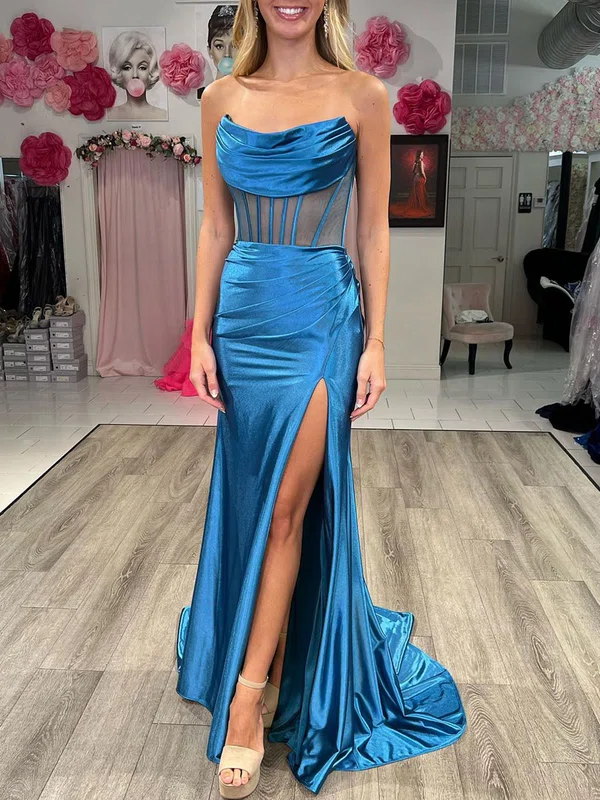 Trumpet/Mermaid Straight Silk-like Satin Sweep Train Prom Dresses With Ruched #UKM020120690