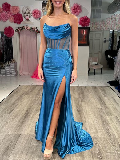 Trumpet/Mermaid Straight Silk-like Satin Sweep Train Prom Dresses With Ruched #UKM020120690