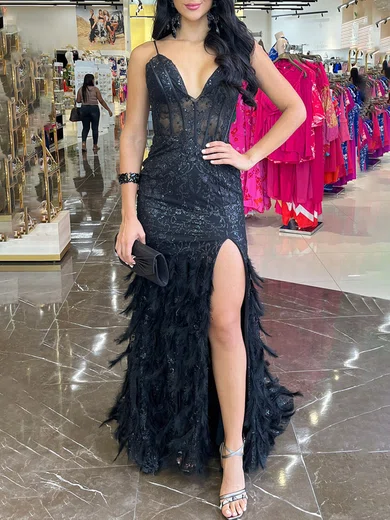 Mermaid V-neck Sparkly Sequin Prom Dresses With Feather #UKM020120834