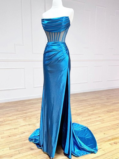 Trumpet/Mermaid Straight Silk-like Satin Sweep Train Prom Dresses With Ruched #UKM020120845