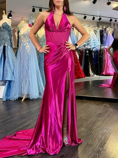Trumpet/Mermaid Halter Silk-like Satin Sweep Train Prom Dresses With Ruched #UKM020120847