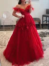 Ball Gown/Princess Off-the-shoulder Tulle Sweep Train Prom Dresses With Flower(s) #UKM020121367