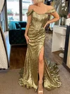 Trumpet/Mermaid Off-the-shoulder Sequined Sweep Train Prom Dresses With Ruched #UKM020121374